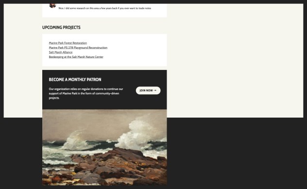 段落テキストと "Join now (今すぐ参加)" ボタンが別のカラムにあり、"Become a monthly patron (月毎の支援者になる)" と書かれた黒いボックスのあるフッターウィジェットエリア。岩に当たる波の絵画の画像。間にスペースがなく、真下にあります。
