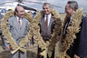 FILE PHOTO -  Uzbekistan's President Islam Karimov (C) poses with Kyrgyzstan's President Askar Akayev (L) and Kazakhstan's President Nursultan Nazarbayev while wearing presented wheat wreaths in Akmola region, near the town of Kokshetau in northern Kazakhstan, August 27, 1993. Picture taken August 27, 1993. REUTERS/Shamil Zhumatov/File Photo