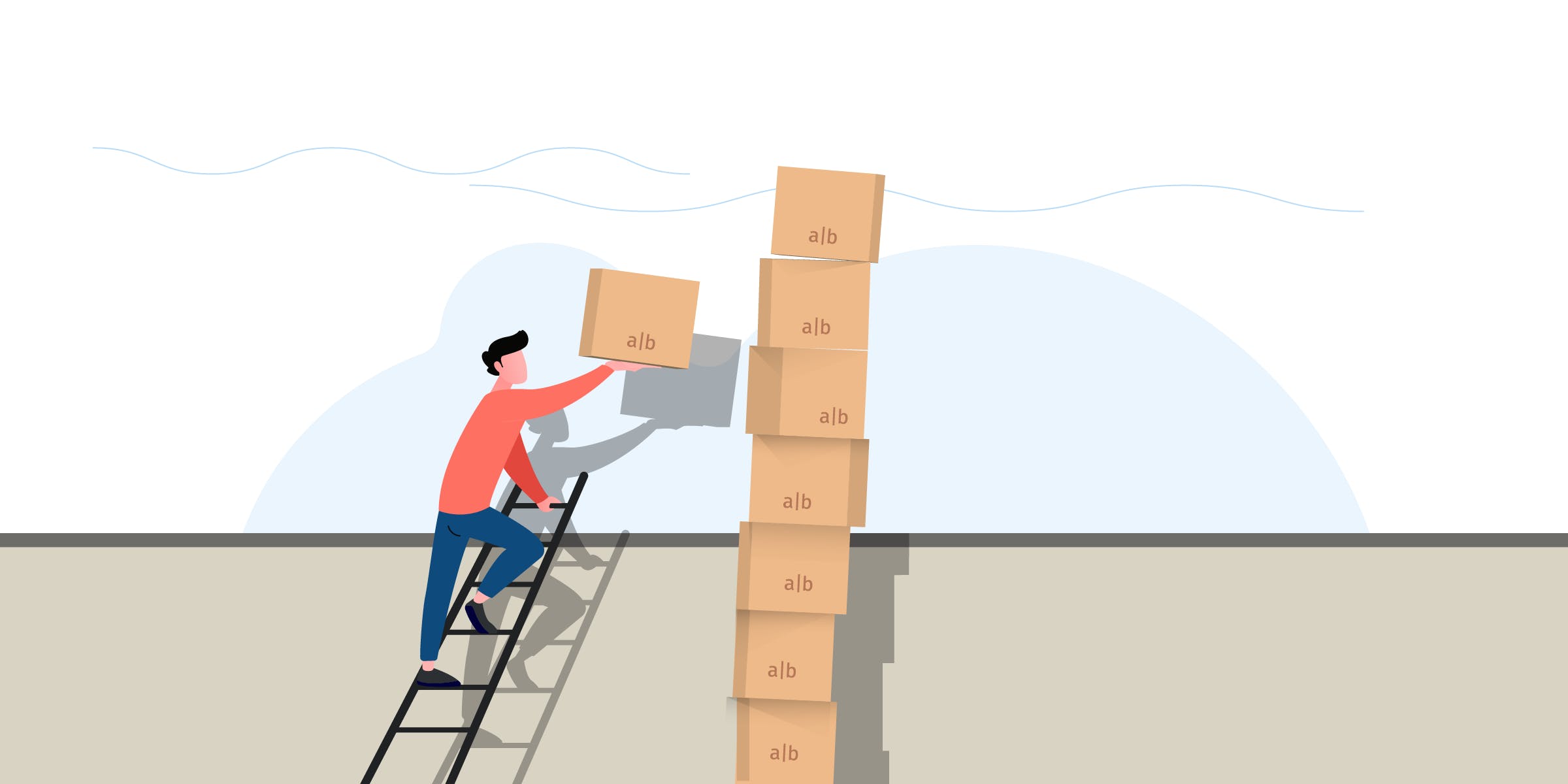 A developer climbs a ladder to add yet another `a|b` box to an already teetering stack 