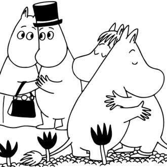 An illustration shows several Moomin characters hugging each other.