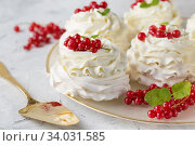 Pavlova cakes with cream and fresh summer berries. Close up of Pavlova dessert with forest fruit and mint. Food photo. Стоковое фото, фотограф Nataliia Zhekova / Фотобанк Лори