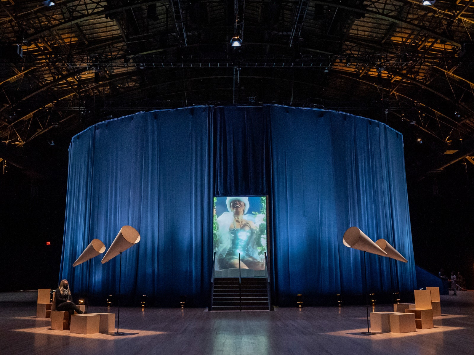 Foreground Carrie Mae Weems Seat or Stand and Speak 2021. Background Carrie Mae Weems Cyclorama  Conditions A Video in 7...