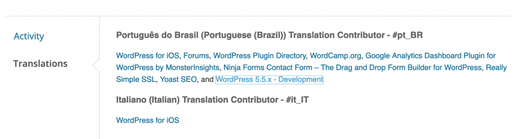 Translations tab in the WordPress.org user profile.