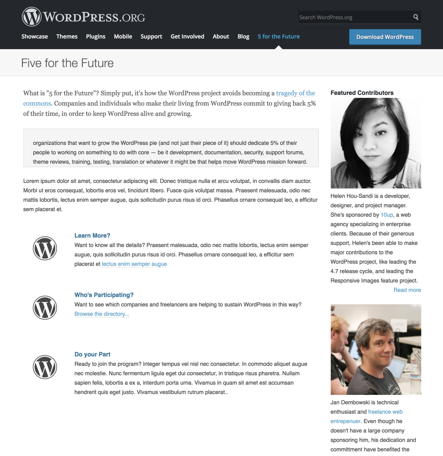 A mock-up of a Five for the Future page with a WordPress.org header, a short description of the program, and some lorem ipsum, and Featured Contributor case studies (Helen Hou-Sandí and Jan Dembowski) on the right side bar.