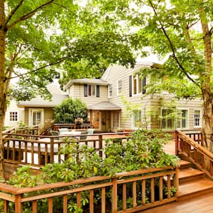 a large brown deck interspersed with bushes and trees in the backyard of a large white house