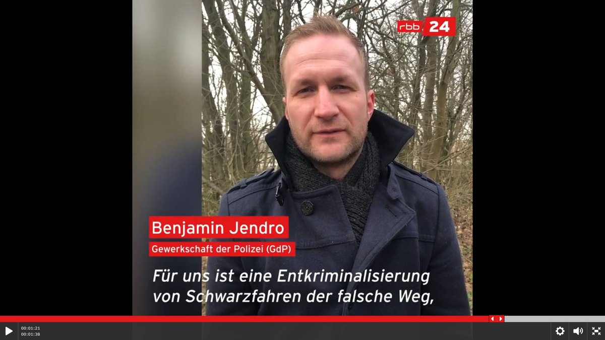 Screenshot des Sprechers der Gewerkschaft für Polizei, Benjamin Jendro: "Für uns ist eine Entkriminalisierung von Schwarzfahren der falsche Weg"