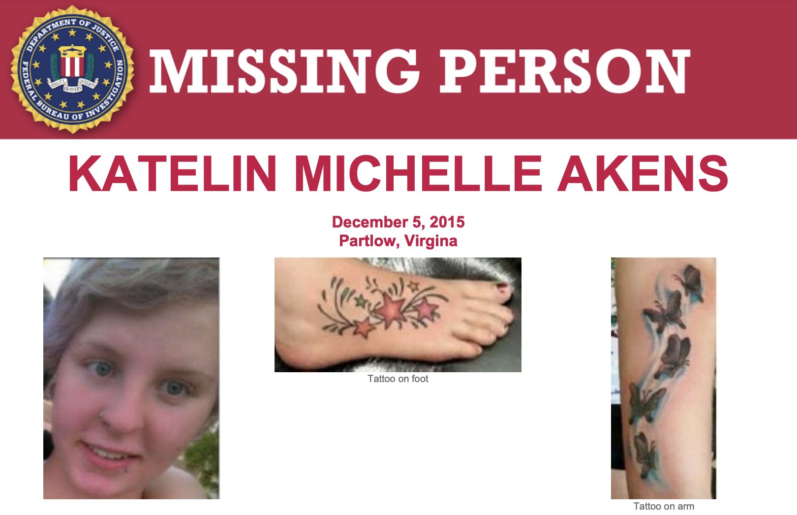 Katelin Michelle Akens disappeared on December 5, 2015.