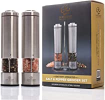 Gourmet Elements Electric Salt and Pepper Grinder Set | Set of 2 Refillable, Battery Operated, Stainless Steel Mills...