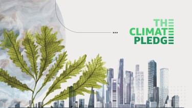 The Climate Pledge logo against a city backdrop