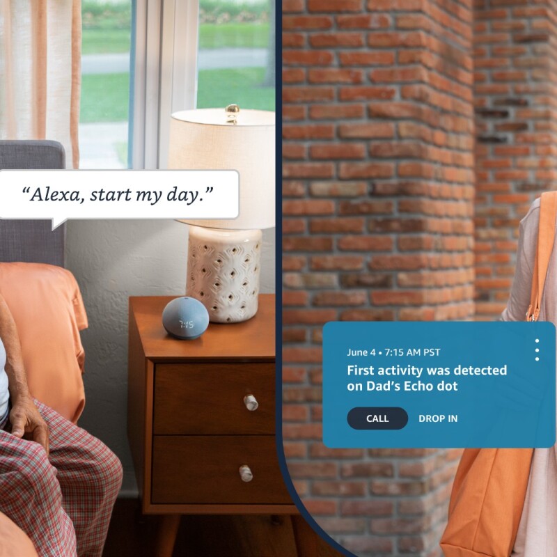 A split screen of an older gentleman sitting on a bed and a women walking getting a notification on her phone.