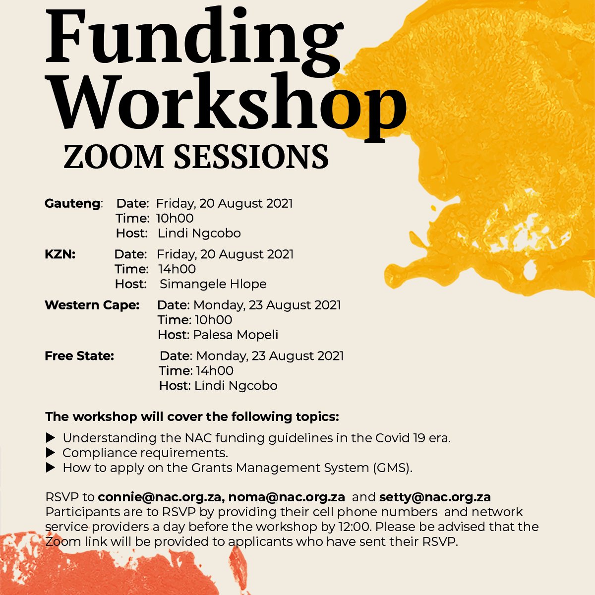 Have you started applying for our annual Call for Project Applications or are you looking to get a bursary for your studies abroad through our Call for International Bursaries?

The NAC invites you to series of Funding Workshops, which will equip you with all the information you need to successfully apply for our current funding calls.

The workshops will help you understand our funding guidelines and compliance requirements, which are key in ensuring a successfully submitted application, as well as, how to apply on our Grant Management System (GMS).