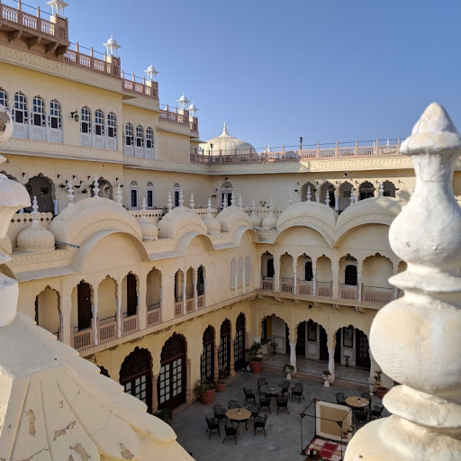 A bird's eye view of a courtyard at the Alsisar Mahal Hotel in Rajasthan India.