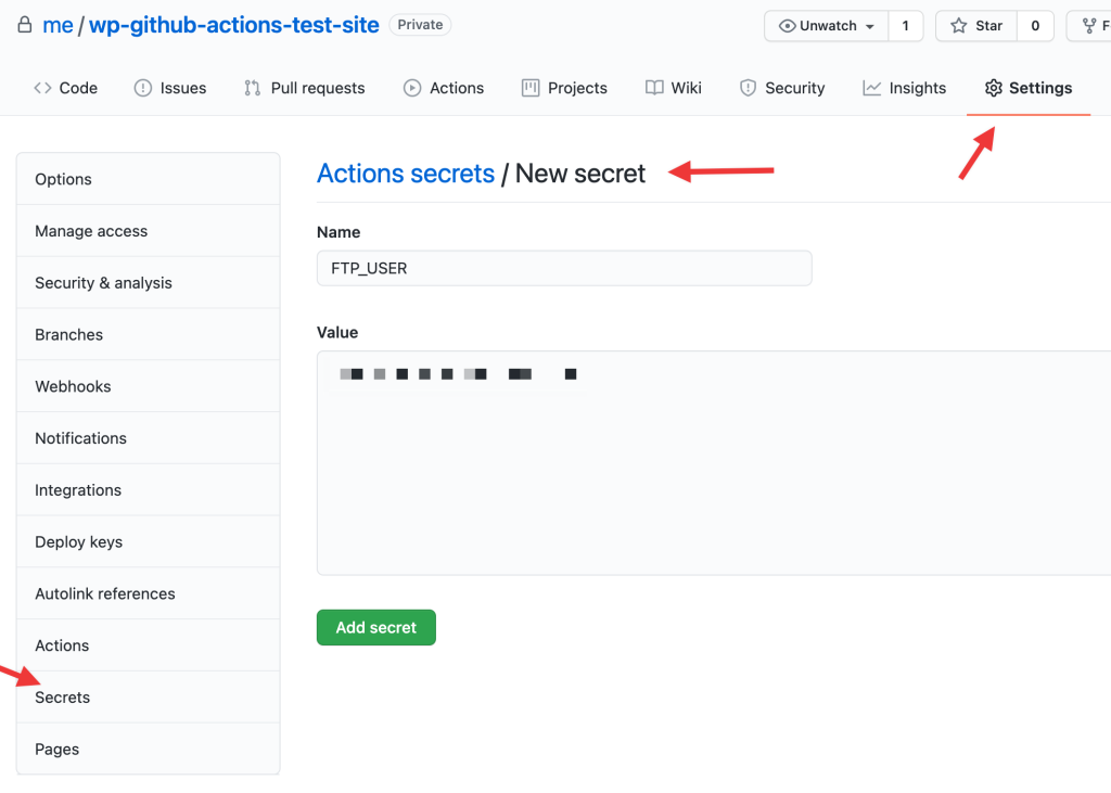 GitHub Actions workflow secret example screenshot