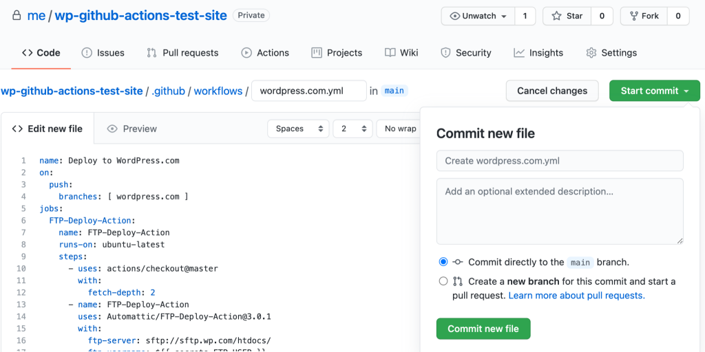 GitHub Actions WordPress automation example workflow script screenshot