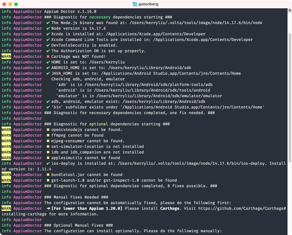 Screenshot of the appium-doctor tool running in the terminal.