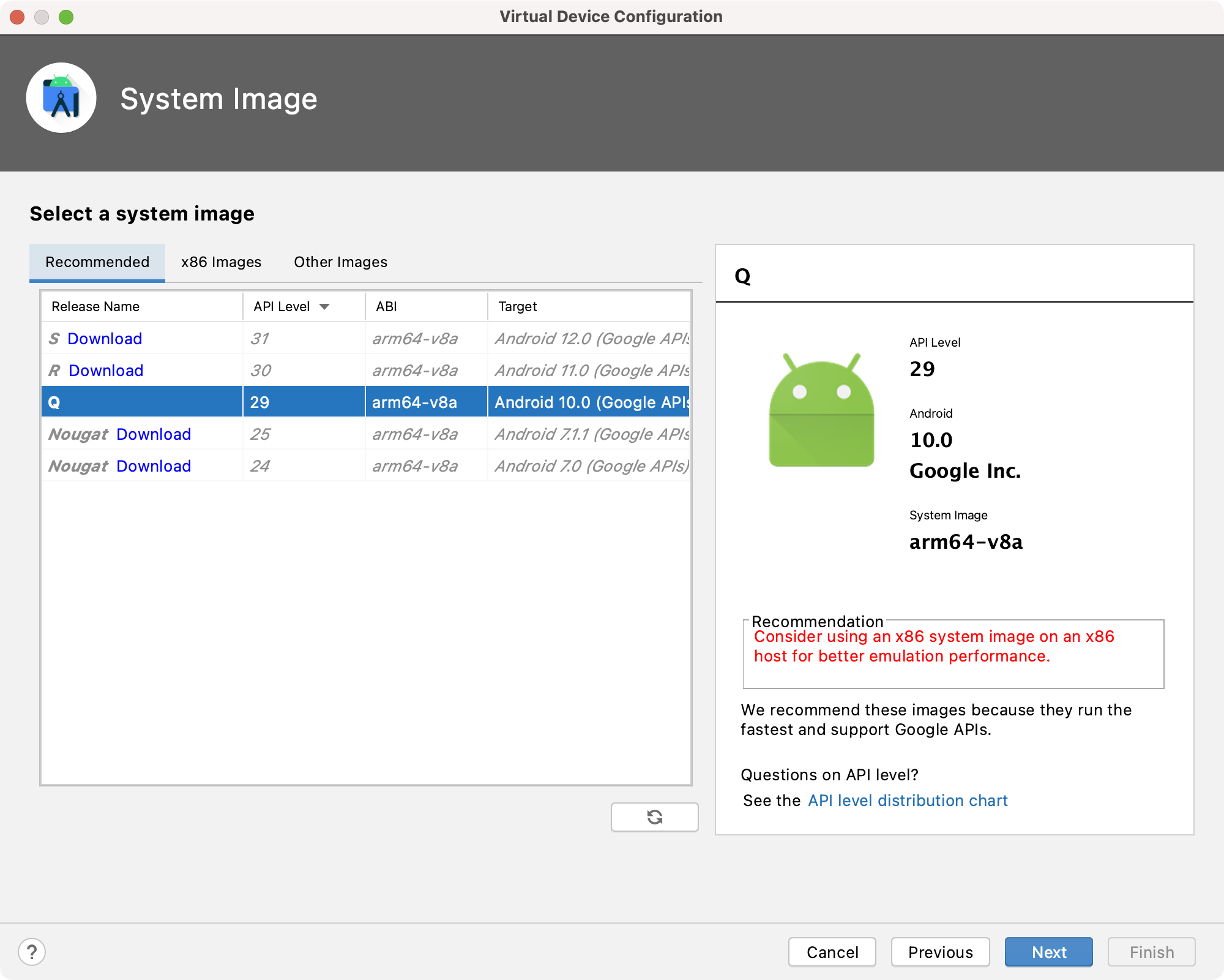 Screenshot of picking a system image in the Android Device Manager workflow.