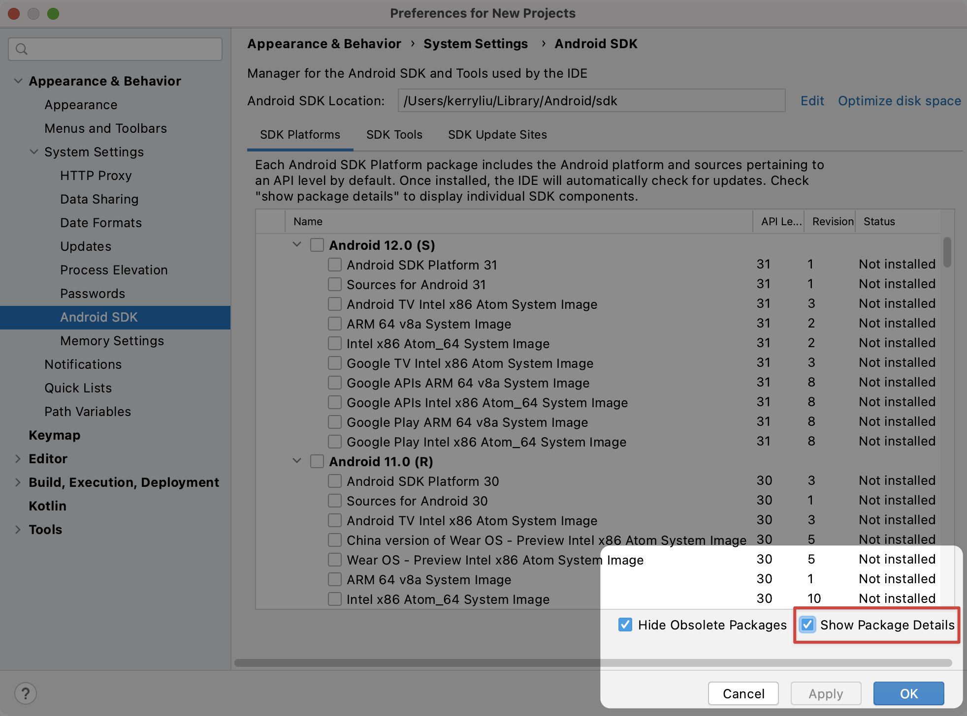 Screenshot of the package manager in Android Studio, highlighting the Show Package Details checkbox.