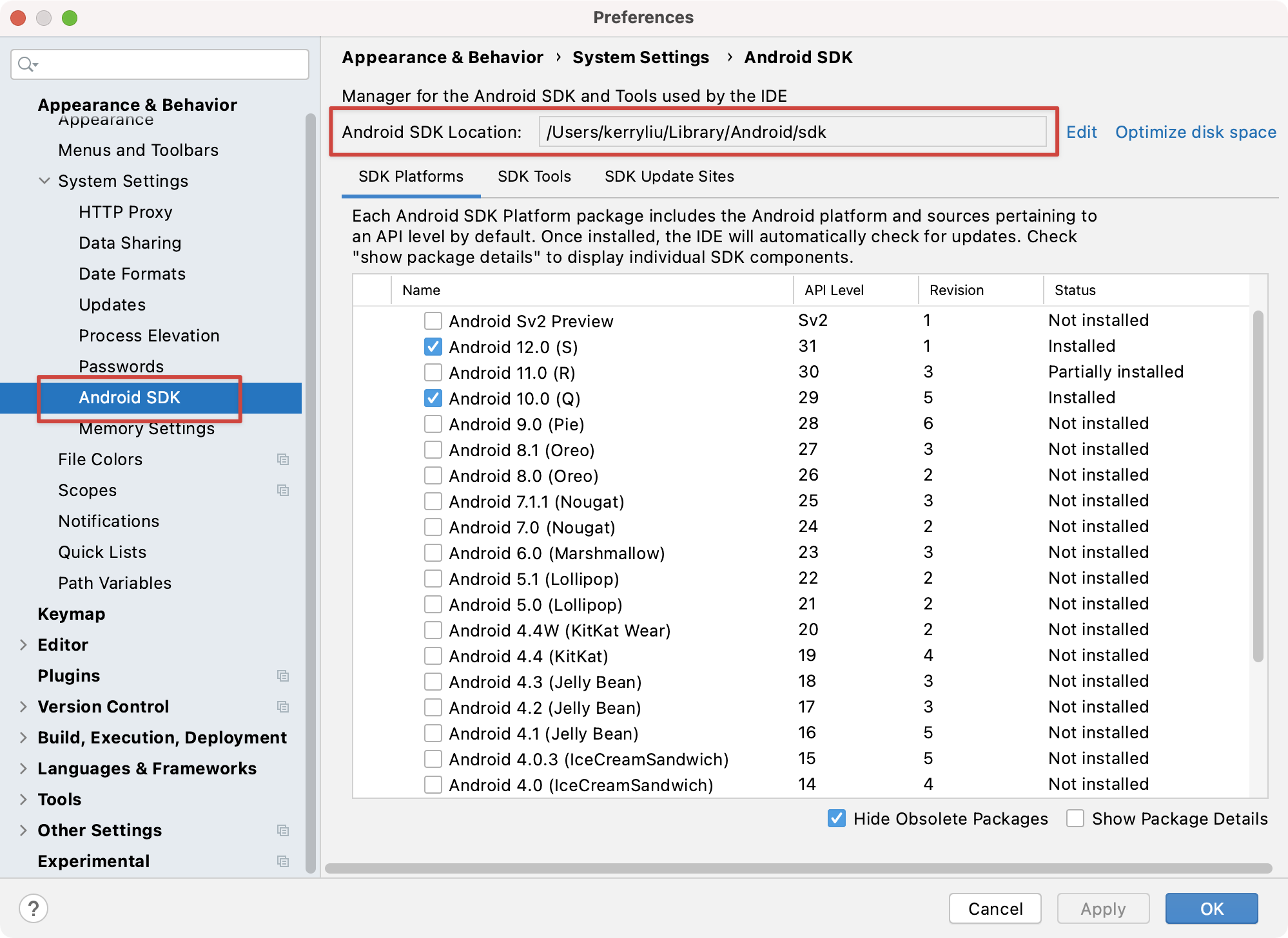 Screenshot of where the SDK Path may be found in Android Studio.