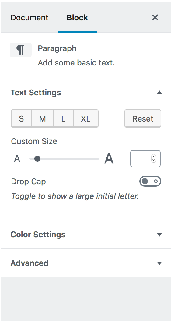 Screenshot of the inspector panel focused on the settings for a Paragraph block