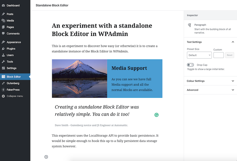 The Standalone Editor instance populated with example Blocks within a custom WP Admin page