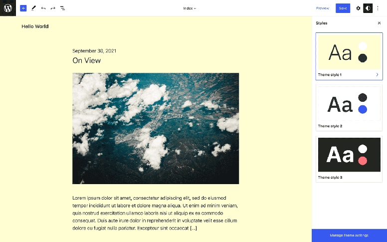 Editing "Index" template in the site editor. Image shows the Global Styles panel with options for three different theme styles. The options are a yellow, white, or black background color palette with various type styles.
