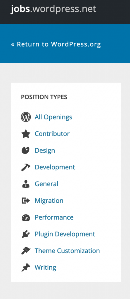 The left sidebar of jobs.wordpress.net, with a list of Position Types, including Contrib