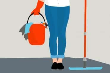 This shows a person carrying a mop and bucket