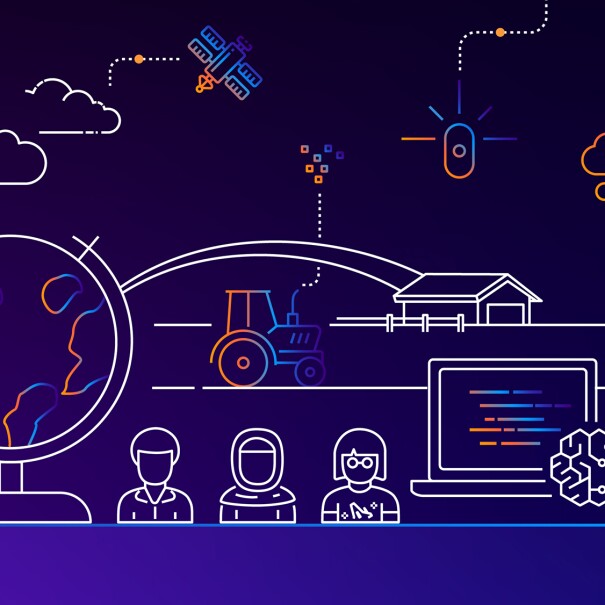 Image from AWS re:Invent, showing illustrations of cloud computing themes