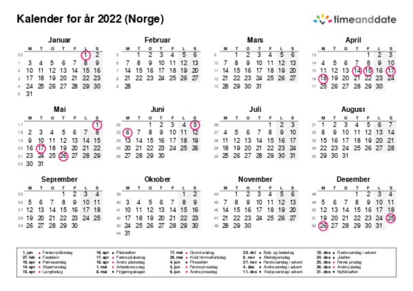 Kalender for 2022 i Norge