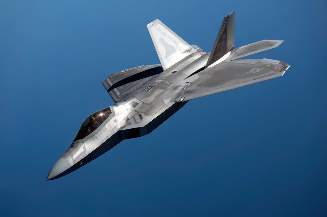 A U.S. Air Force F-22 Raptor flies over the Gulf of Mexico