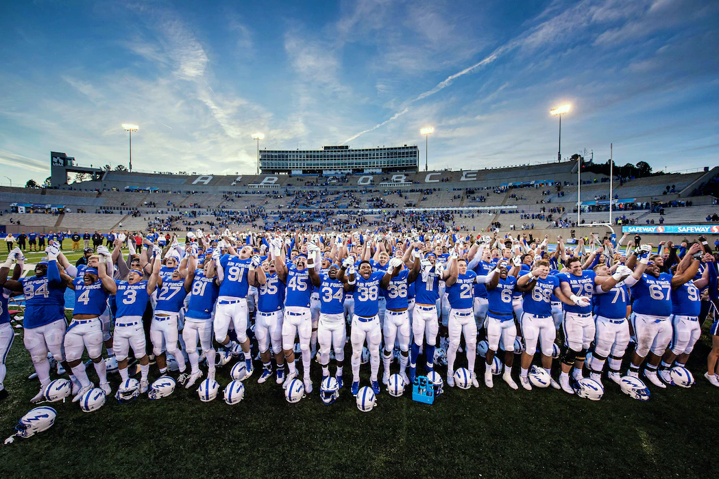 Air Force football players celebrate