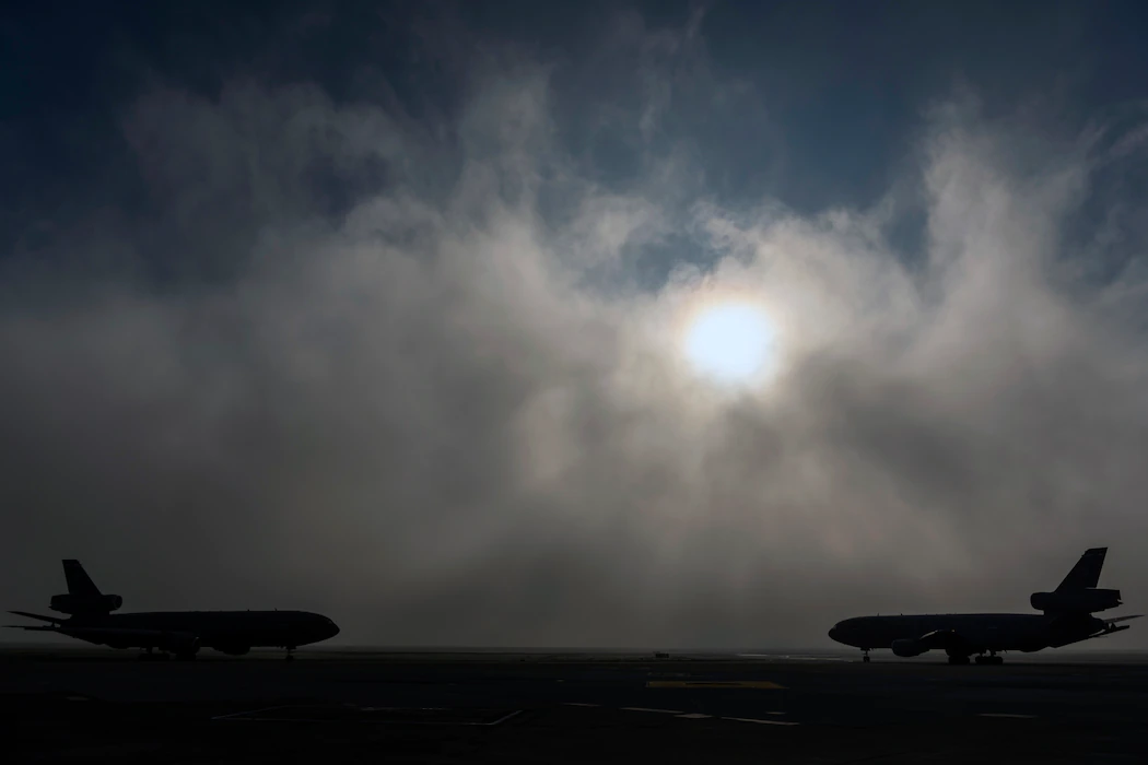 Two KC-10 Extenders taxi on the flight line