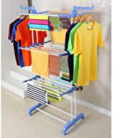 SKY TOUCH Carbon Steel Full Size Heavy Duty Double Pole 3 Layer Cloth Drying Stand, Laundry Rack Stand, Blue