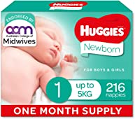 Huggies Newborn Nappies Size 1 (up to 5kg) 1 Month Supply 216 Count