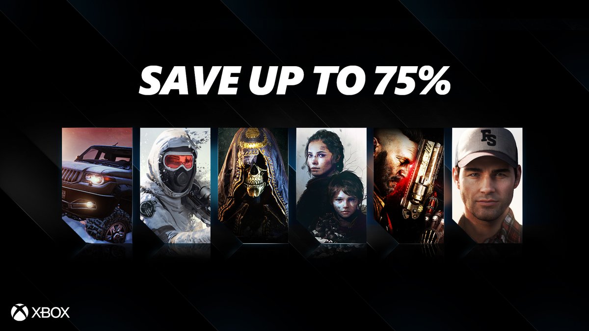 Alt text: black background with six pictures of game titles. Text: Save up to 75%.