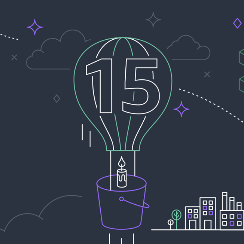 An illustration of a hot air balloon with "15" on it, and an AWS logo to the left. 