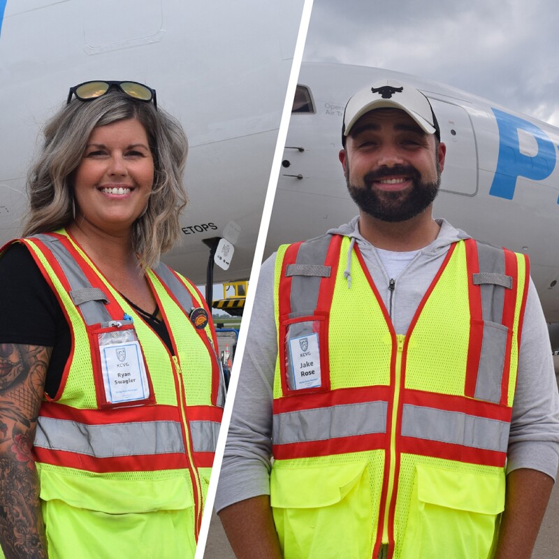 A split image. The image on the left shows a woman standing in front of a Prime Air plane smiling for a photo while wearing a safety vest. The image on the left shows a man smiling for a photo while wearing a safety vest in front of a Prime Air plan.