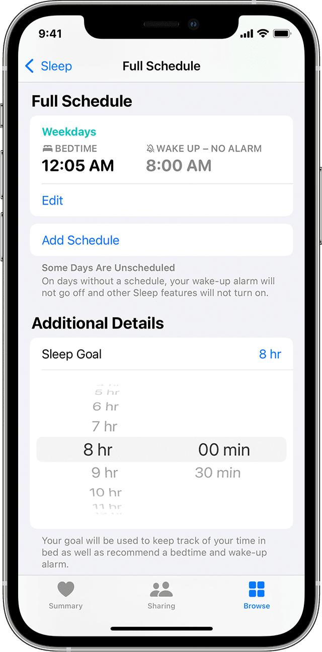 An iPhone screen showing the options to adjust a sleep goal