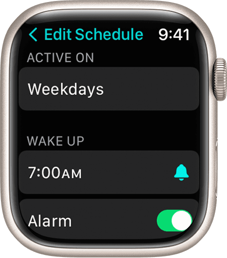 An Apple Watch screen showing options for editing a full sleep schedule