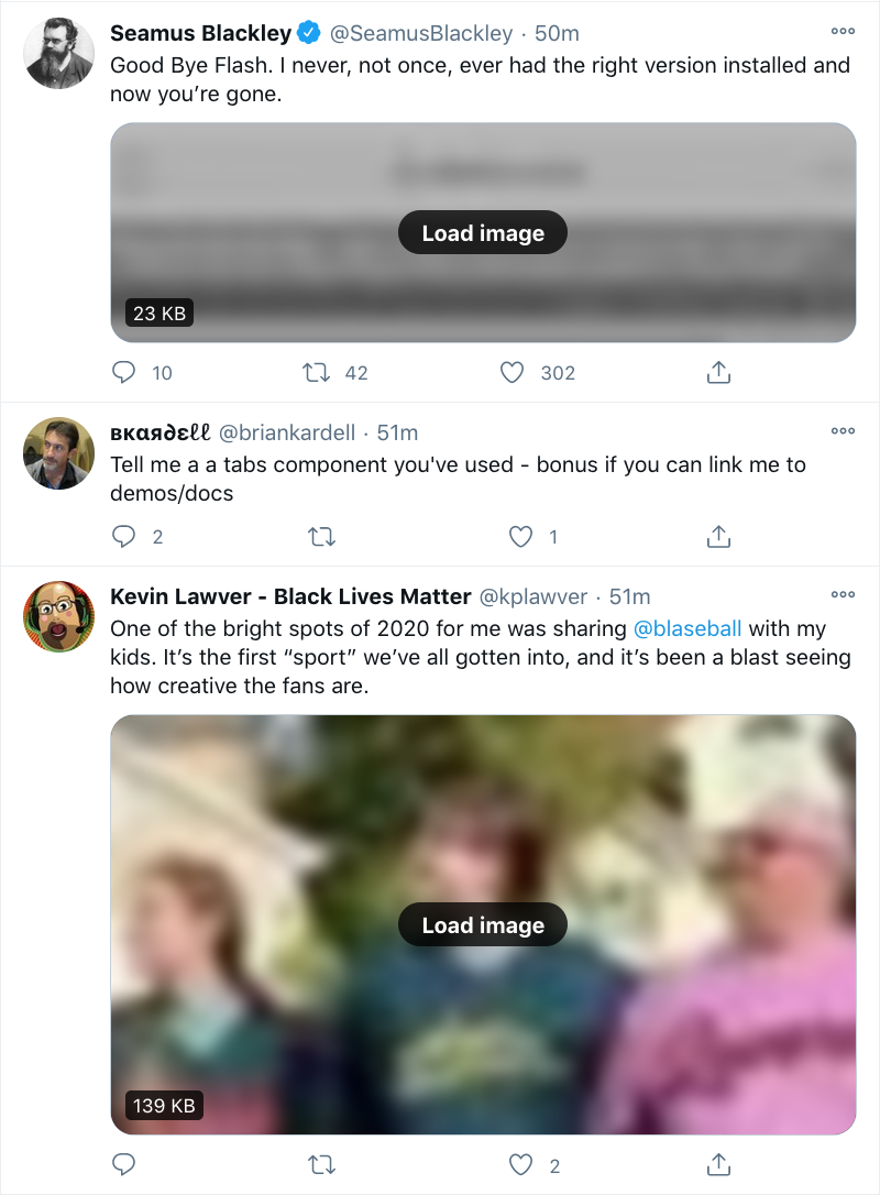 A screenshot of the author’s Twitter timeline, showing three tweets.  The middle tweet is text only.  The top tweet has a blurred-out image which is grayscale and of reduced contrast, indicating it has no useful alternative text.  The bottom tweet is also blurred, but it full color and contrast, indicating it has been given useful alternative text by the person who posted it.