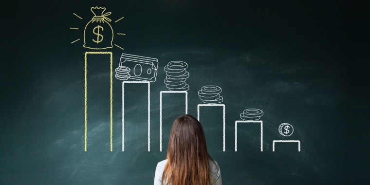 Image: Businesswoman looking at a financial chart on chalkboard