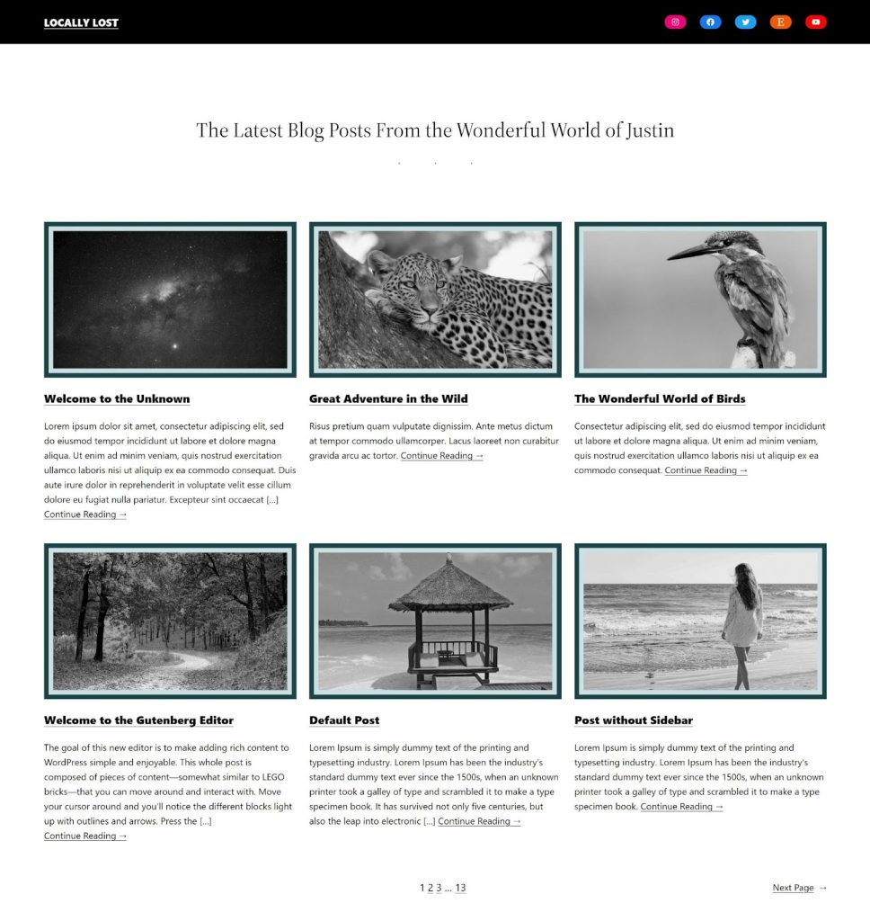 Image of a homepage with black and white images arranged in a three column layout.