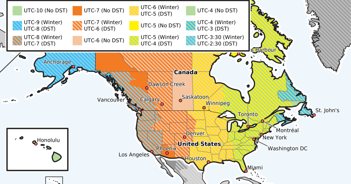 A map of time zones and DST in the US and Canada.