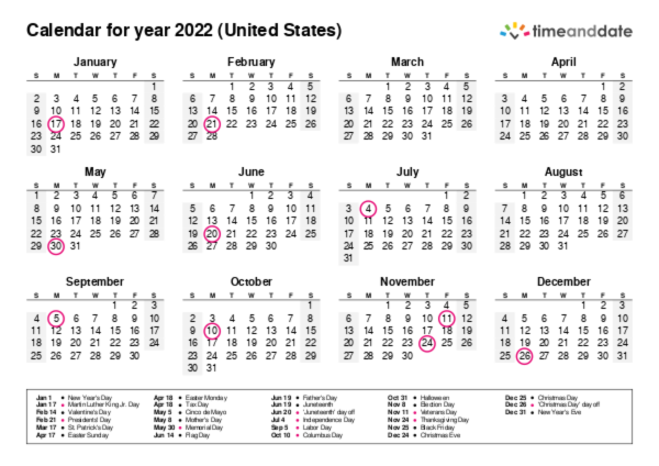 Calendar for 2022 in United States