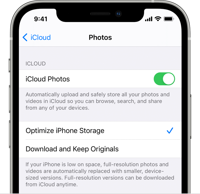 iPhone showing Photos Settings with iCloud Photos turned on and "Optimize iPhone Storage" selected