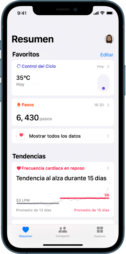 La pantalla Resumen mostrando las opciones Control del Ciclo y Pasos debajo de la sección Favoritos, así como “Frecuencia cardiaca en reposo” debajo de la sección Tendencias.