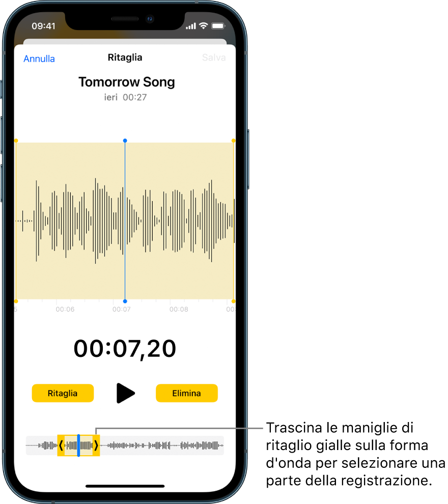 Una registrazione in fase di ritaglio, con una porzione della forma d'onda audio inclusa all'interno delle maniglie di ritaglio di colore giallo nella parte inferiore dello schermo. Sopra la forma d'onda sono presenti un pulsante Riproduci e un timer di registrazione. Le maniglie di ritaglio si trovano sotto il pulsante Riproduci. Il pulsante Ritaglia per eliminare la parte della registrazione fuori della maniglie e il pulsante Elimina per eliminare la parte della registrazione all'interno delle maniglie si trovano su entrambi i lati del pulsante Riproduci.