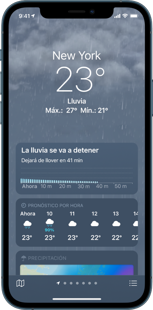 La pantalla de Clima mostrando la ubicación en la parte superior, y la temperatura actual, y las condiciones de clima, que son de lluvia. Debajo se muestra una gráfica con el nivel de precipitación esperada para la próxima hora en incrementos de diez minutos. A continuación se muestra el pronóstico por horas y un mapa de precipitación. En la esquina inferior derecha se encuentra el botón “Lista de ubicaciones” y, en la esquina inferior izquierda, está el botón “Mostrar mapa”.