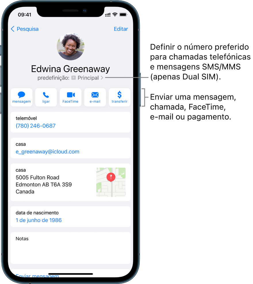 Ecrã de informação relativo a um contacto. Nome e fotografia do contacto no topo. Em baixo, botões para enviar uma mensagem, efetuar uma chamada telefónica, efetuar uma chamada FaceTime, enviar uma mensagem de e‑mail e enviar dinheiro com Apple Pay. Por baixo dos botões encontra‑se a informação do contacto.