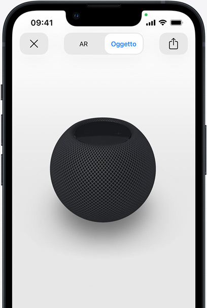 Schermo di un iPhone con vista in realtà aumentata di un HomePod mini grigio siderale.